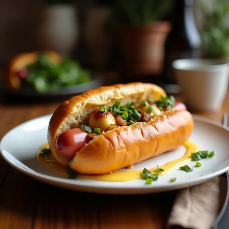 Hot dog luxe en pan de brioche dorado, relleno de salchicha Frankfurt, láminas de foie gras cremoso y cebolla crujiente dorada, acompañado de salsa rosa y mostaza dulce sobre fondo rústico de madera.