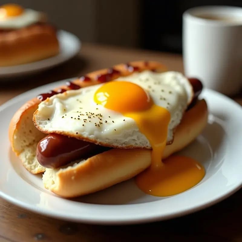 Hot Dog de desayuno con pan de brioche dorado abierto, salchicha frankfurt con cebolla morada picada, huevo frito con yema líquida y queso americano fundido, acompañado de salsa barbacoa y mostaza dulce, sobre un plato blanco con fondo de cocina rústica.