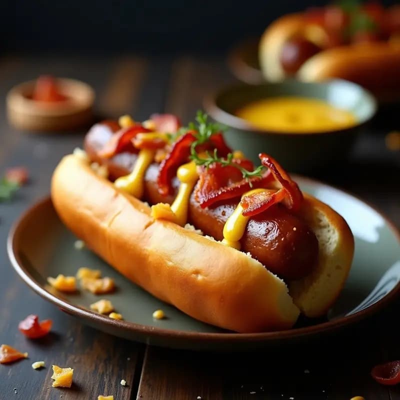 Hot dog de salchicha bratwurst dorada en pan de brioche tostado, cubierto con sauerkraut salteado, cebolla morada, tiras de bacon crujientes y salsa brillante de mostaza y miel, servido en plato rústico con fondo de madera.