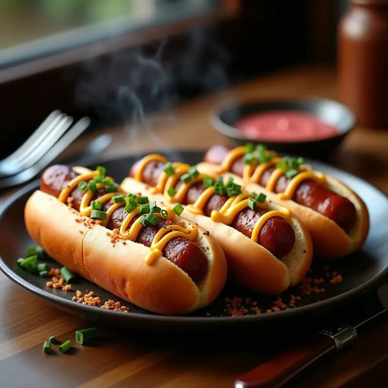 Hot dogs gourmet en pan brioche dorado rellenos de salchicha Frankfurt, foie gras cremoso, cebolla morada salteada, queso Emmental gratinado y trufa negra, servidos con salsa rosa y mostaza Dijon.