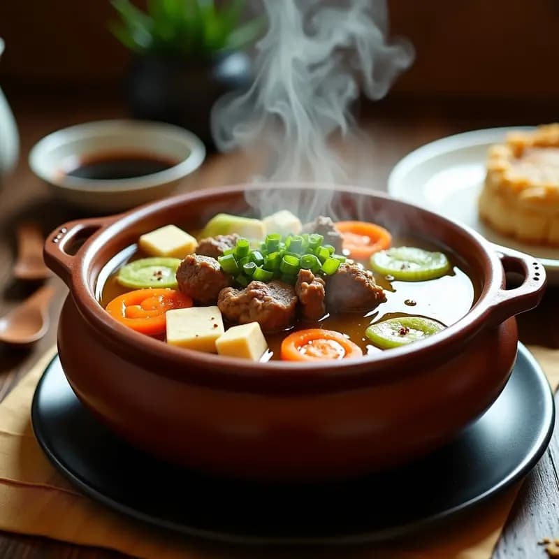 Cazo de barro humeante con Hot Pot Chino de Cordero y Verduras, caldo dorado con trozos de cordero, tofu, champiñones shiitake, zanahoria y repollo napa, decorado con cebollino fresco y pimienta de Sichuan, servido en olla exprés.