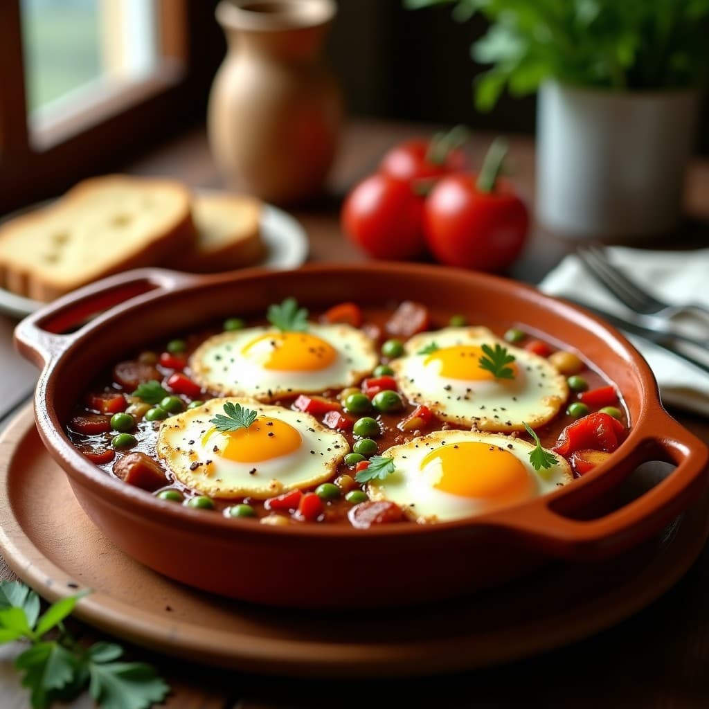 Cazuela de barro humeante con huevo a la flamenca: huevos pochados sobre una base de chorizo, pimientos asados y guisantes, espolvoreados con queso rallado y perejil fresco. Plato tradicional andaluz servido en su recipiente rústico.