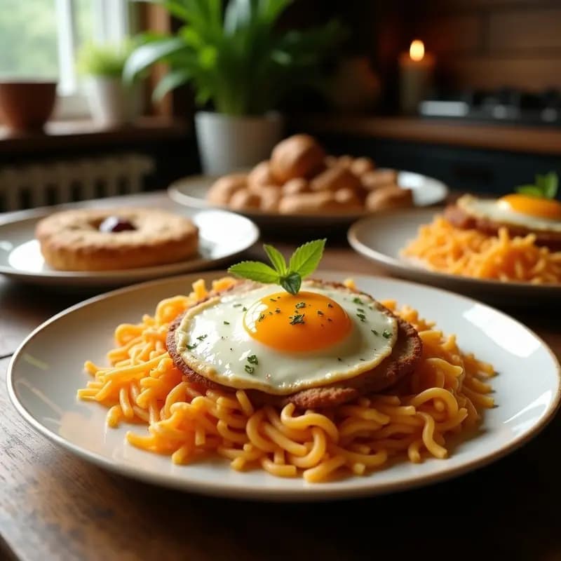 Plato blanco con arroz frito dorado y crujiente en forma de círculo, coronado con un huevo frito de clara ultra crujiente y yema líquida, decorado con cebollino fresco y salsa de soja al lado. Receta viral de huevo frito con arroz chino.