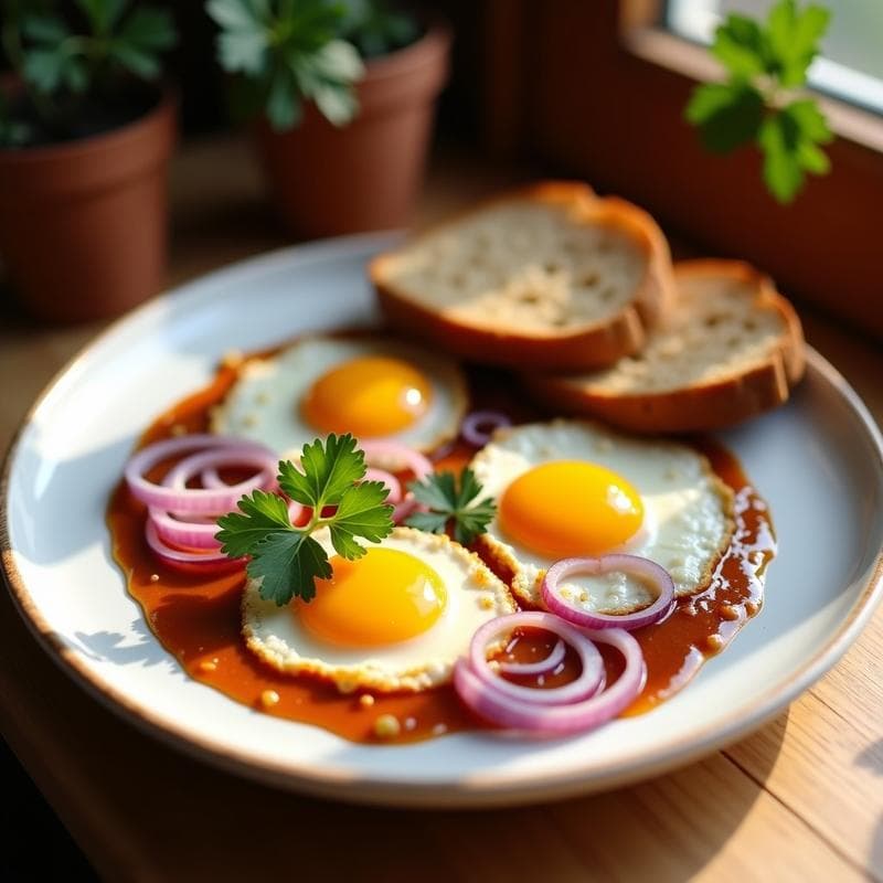 Plato blanco con huevos al plum fritos, cubiertos de cebolla morada en juliana y bañados en salsa de tamarindo de color ámbar. Decorado con cilantro fresco y acompañado de pan integral tostado. Desayuno fusion Peruano-Chino vibrante y apetitoso.