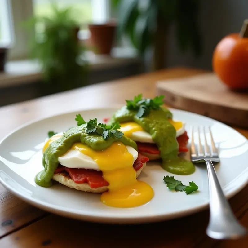 Plato blanco elegante con huevos benedictinos: rebanada de pan integral tostado, láminas de aguacate verde brillante, huevo pochado con yema líquida y salsa holandaise vegana amarilla cremosa. Decorado con hojas de eneldo y pimentón espolvoreado. Receta de desayuno inglés gourmet.