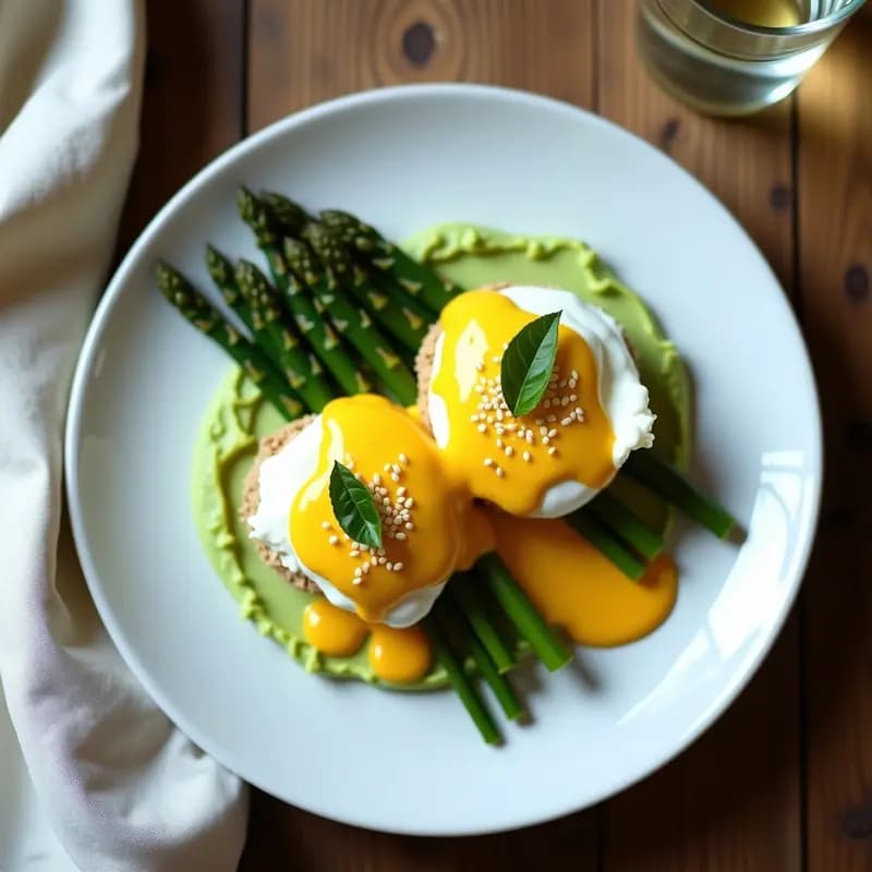 Plato elegante con Huevos Benedictinos Keto: puré de aguacate cremoso, espárragos trigueros en abanico, huevo pochado con yema líquida y salsa holandesa dorada sin lactosa, decorado con albahaca fresca y semillas de sésamo.