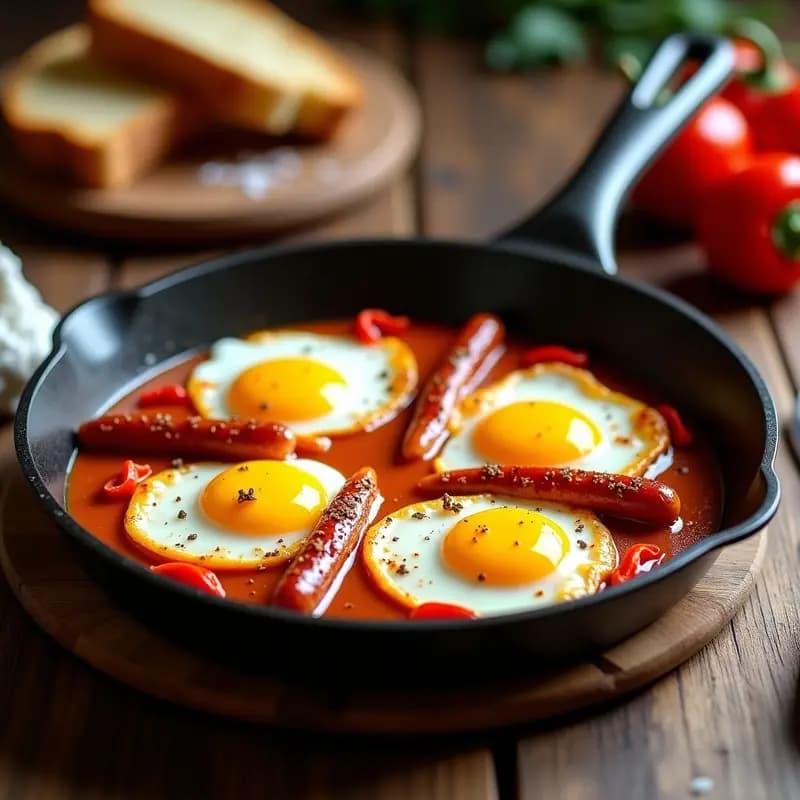 Sartén antiadherente con huevos a la brasa, yema líquida y clara cuajada, acompañados de rodajas de chistorra dorada y pimientos del piquillo asados, sobre fondo rústico de madera. Receta tradicional de montaña española.