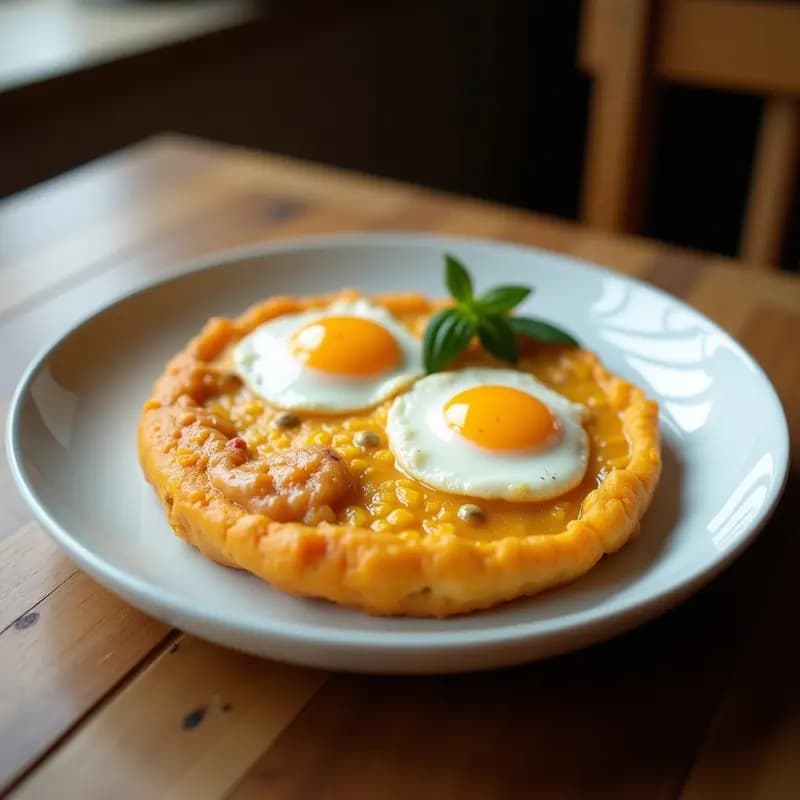 Plato blanco con dos Huevos Dragón en Nido de Patata: patatas doradas en forma de nido con huevo y yema líquida brillante, espolvoreados con pimentón ahumado y cebollino fresco. Desayuno viral y fotogénico.