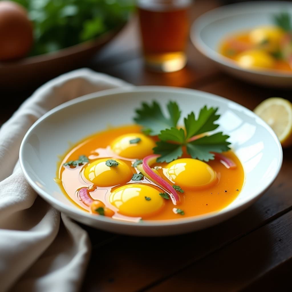 Plato hondo de barro con huevos escabechados bañados en una salsa dorada de cúrcuma y jengibre, decorados con cilantro fresco y rodajas de pimentón rojo, receta peruana antiinflamatoria en olla GM.