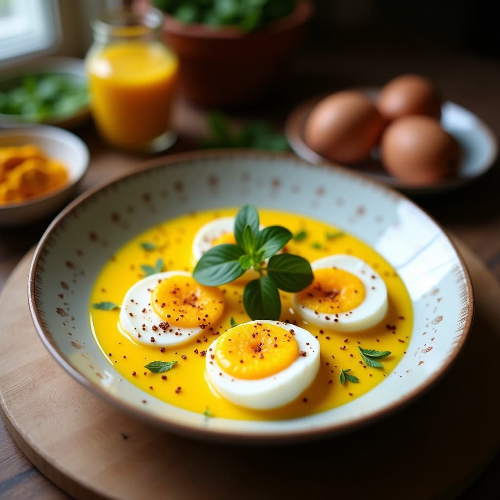 Plato hondo de cerámica oscura con huevos escabechados bañados en una salsa dorada de cúrcuma y leche de coco, decorados con cilantro fresco. Al fondo, rodajas de cebolla roja y un toque de pimienta de cayena. Receta peruana reconfortante.