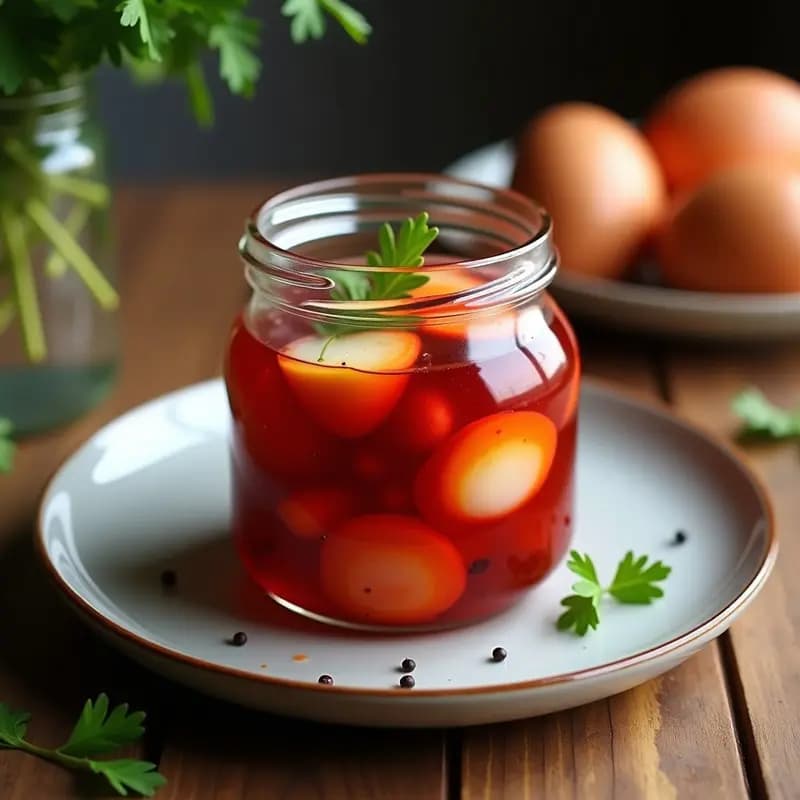 Frasco de vidrio transparente con huevos escabechados sumergidos en un líquido rojo oscuro de vinagre de arándanos, acompañados de trozos de cebolla, zanahoria y especias. Plato típico peruano preparado en Thermomix, servido con perejil fresco.