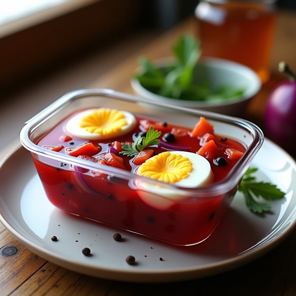 Tupper de vidrio transparente con huevos escabechados en vinagre de frambuesa, bañados en una salsa roja brillante con trozos de cebolla morada, pimiento rojo y apio. Fondos de especias como laurel y granos de pimienta visibles. Presentación fresca y gourmet, ideal para llevar.