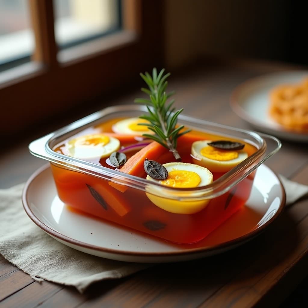 Huevos escabechados en tupper de cristal con líquido dorado de vinagre de Módena, especias visibles y rodajas de cebolla morada y zanahoria. Plato tradicional español en olla lenta, listo para llevar.