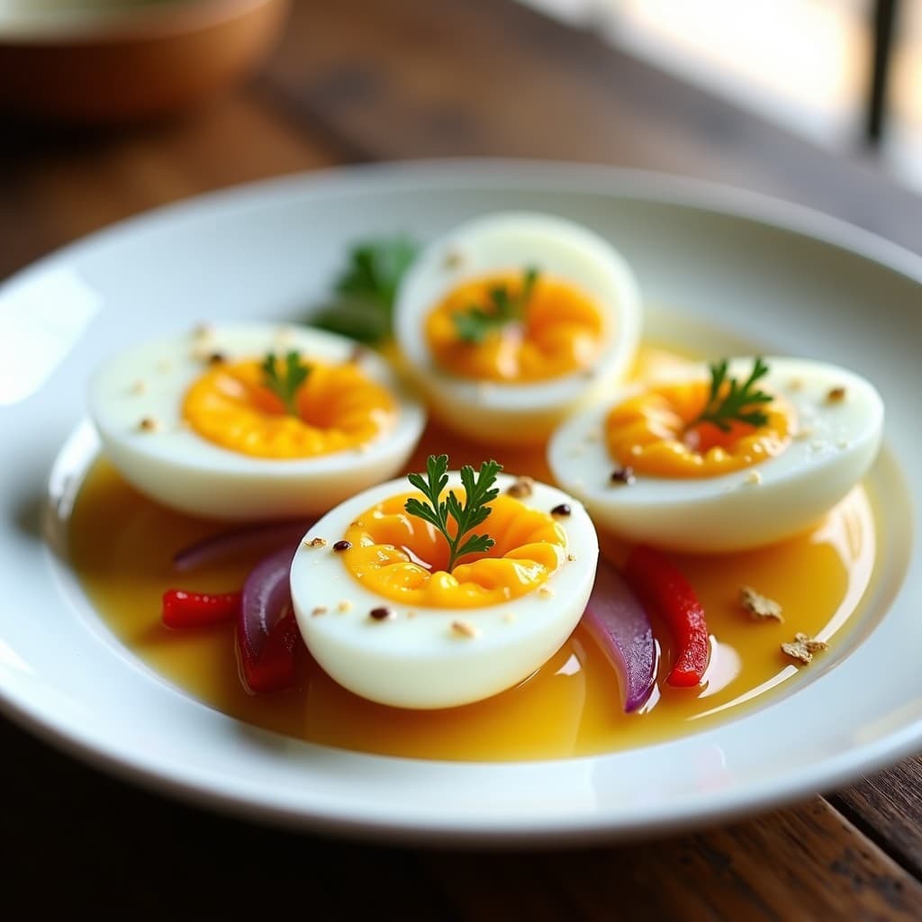 Plato blanco con huevos escabechados cortados por la mitad, bañados en una salsa dorada de vinagre de sidra y jengibre, acompañados de cebolla morada y pimiento asado. Receta keto y sin lactosa.