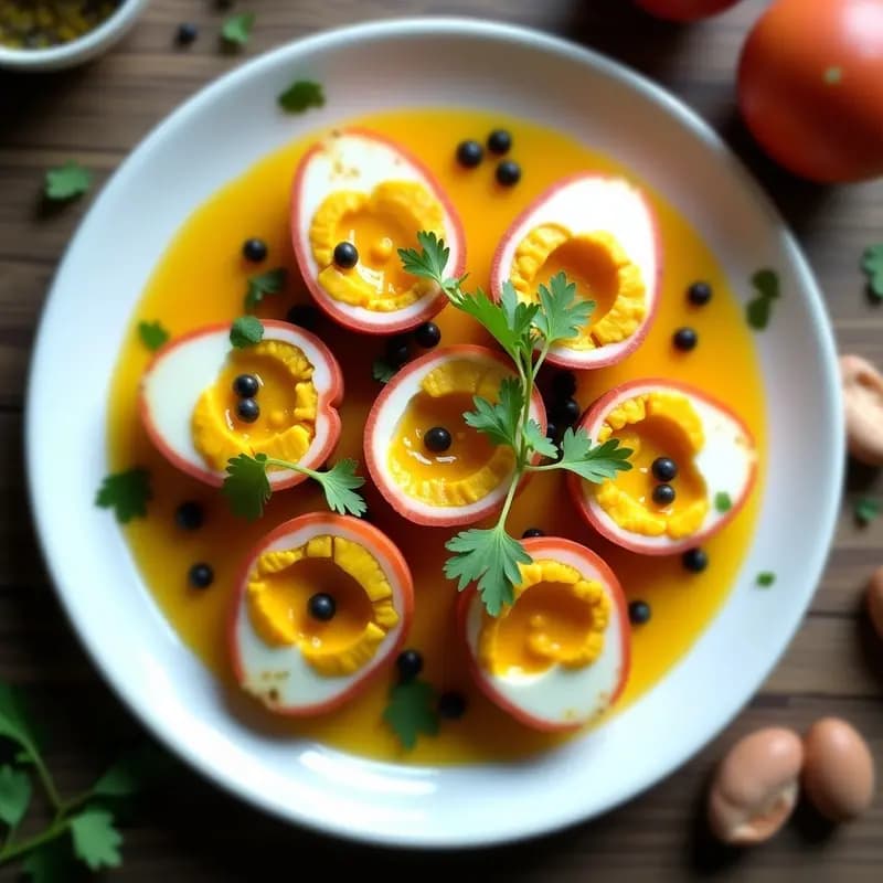 Plato blanco con huevos escabechados cortados por la mitad, bañados en una vinagreta dorada de granadilla, decorados con cebolla morada en juliana, pimiento rojo y hojas de cilantro fresco. Entrante peruano colorido y fotogénico.