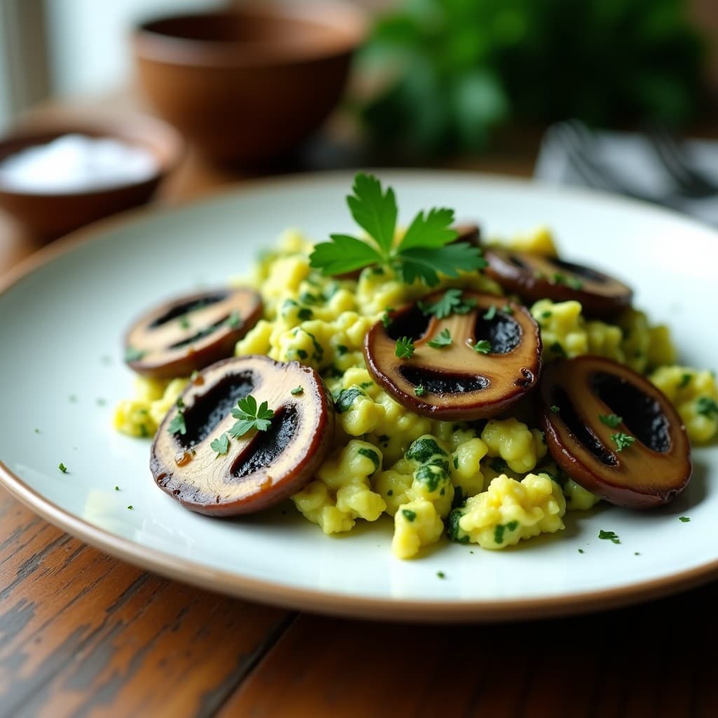 Plato blanco con huevos revueltos de color verde esmeralda por la espirulina, mezclados con láminas doradas de champiñones portobello y perejil fresco. Desayuno keto y alta en hierro sobre fondo rústico de madera.