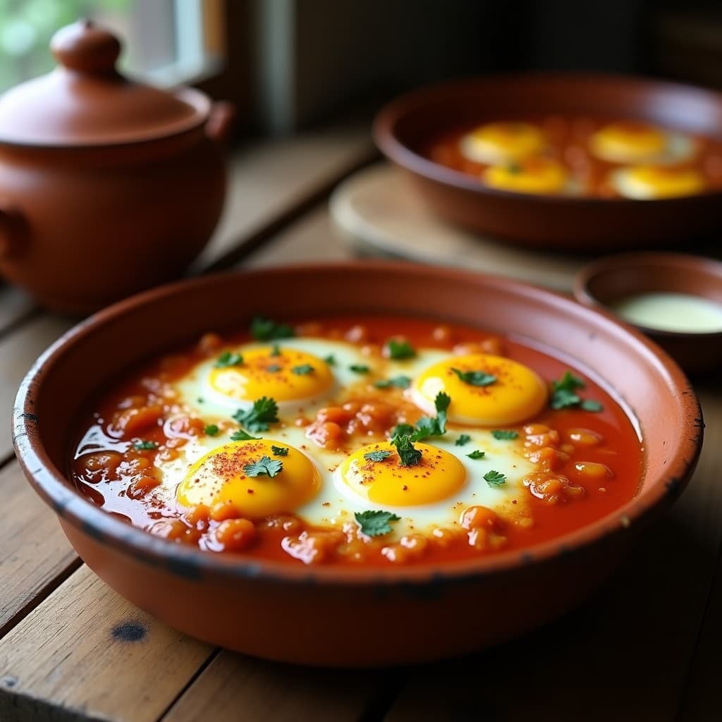 Plato hondo de barro con huevos a la flama bañados en salsa de cebolla morada y ajo, espolvoreados con queso manchego rallado y perejil fresco. Receta española en olla express con toque ahumado de pimentón de la Vera.