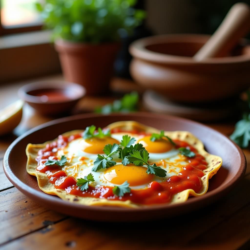 Plato de barro con huevos a la flama horneados, cubiertos de queso Oaxaca derretido y salsa de chipotle, acompañados de tortillas de trigo y cilantro fresco. Desayuno mexicano rápido y sabroso.