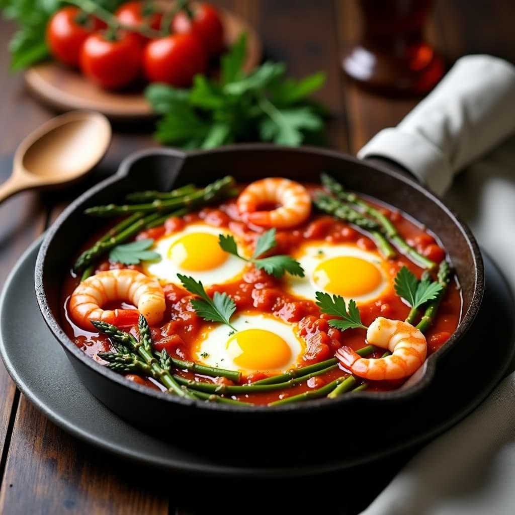 Sartén de hierro con huevos a la flamenca, espárragos trigueros verdes, gamberas rosadas y salsa de tomate espesa con azafrán, decorado con perejil fresco.