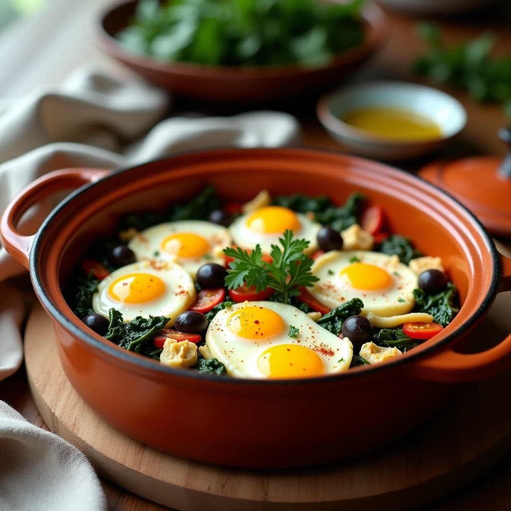 Olla lenta de barro con huevos a la flamenca: huevos cuajados sobre una base de espinacas verde oscuro, queso de cabra desmenuzado, alcachofas enteras y pimiento rojo asado, decorado con aceite de oliva virgen extra.