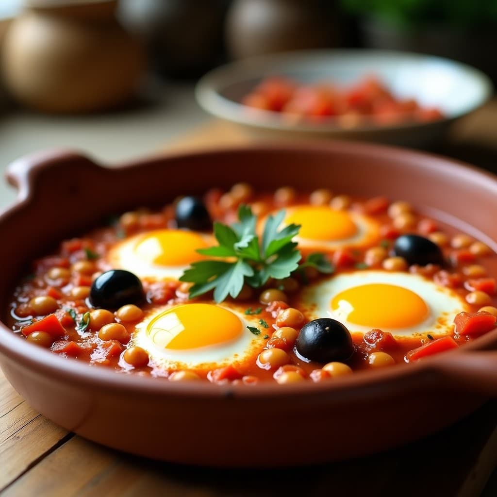 Cazuela de barro con huevos a la flamenca y garbanzos, yemas líquidas, garbanzos dorados, salsa espesa de tomate y pimentón, decorado con perejil fresco y aceitunas negras.