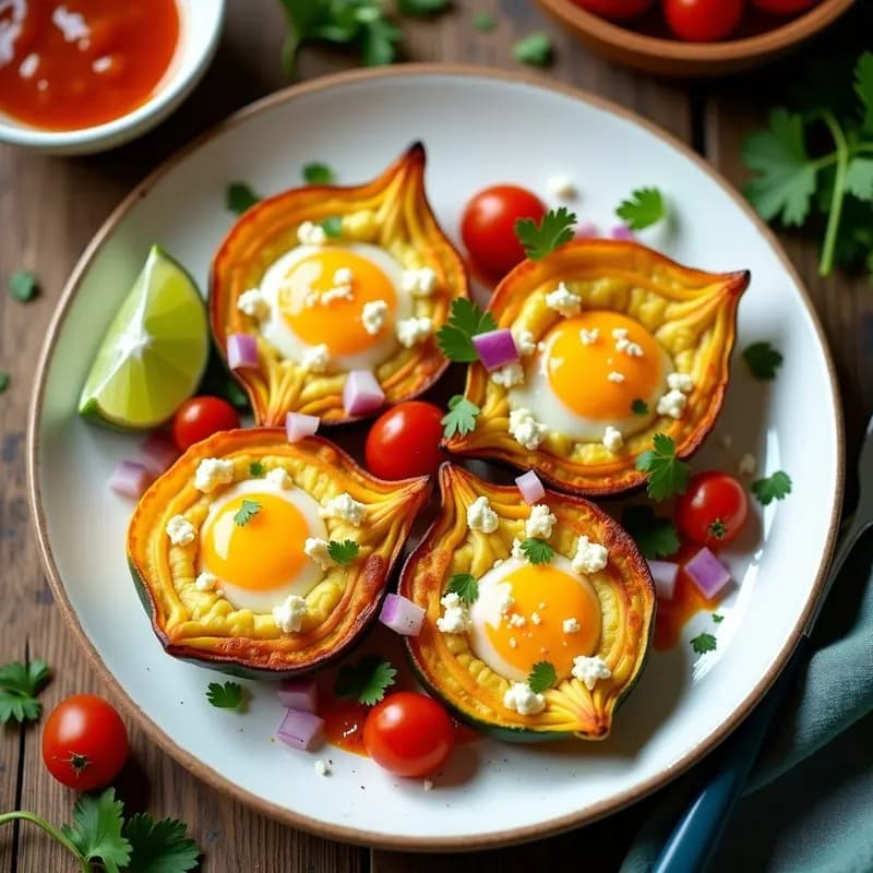 Plato blanco con huevos a la flor de calabacín dorados en airfryer, rellenos de huevo cremoso y queso fresco, acompañados de cebolla morada, tomate cherry y cilantro fresco. Desayuno mexicano gourmet y fotogénico.