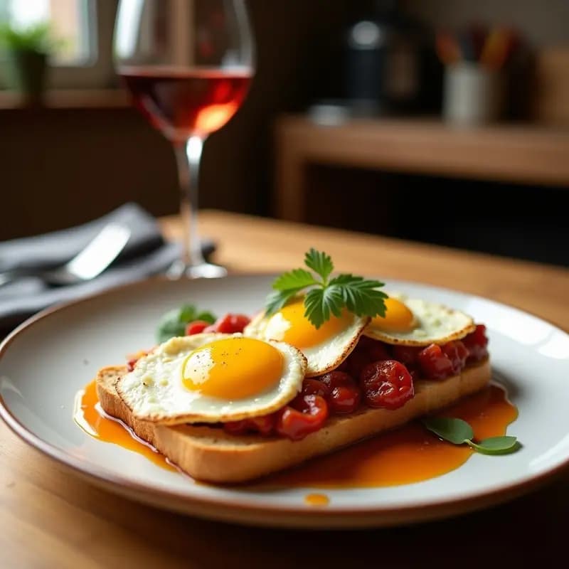 Tostada dorada de pan brioche con huevos fritos, láminas de foie gras y salsa brillante de Pedro Ximénez, desayuno de lujo hipercalórico.