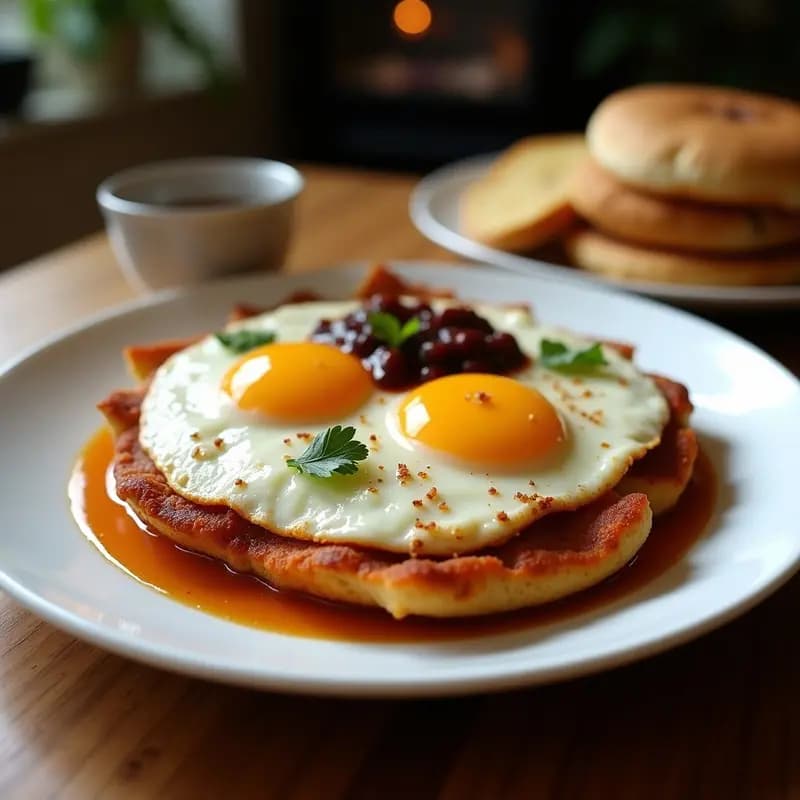 Plato con panqueques dorados de queso, huevos fritos con yema líquida, salsa espesa de tocino y chocolate, y un chorrito de jarabe de chocolate por encima, servido sobre una mesa rústica.