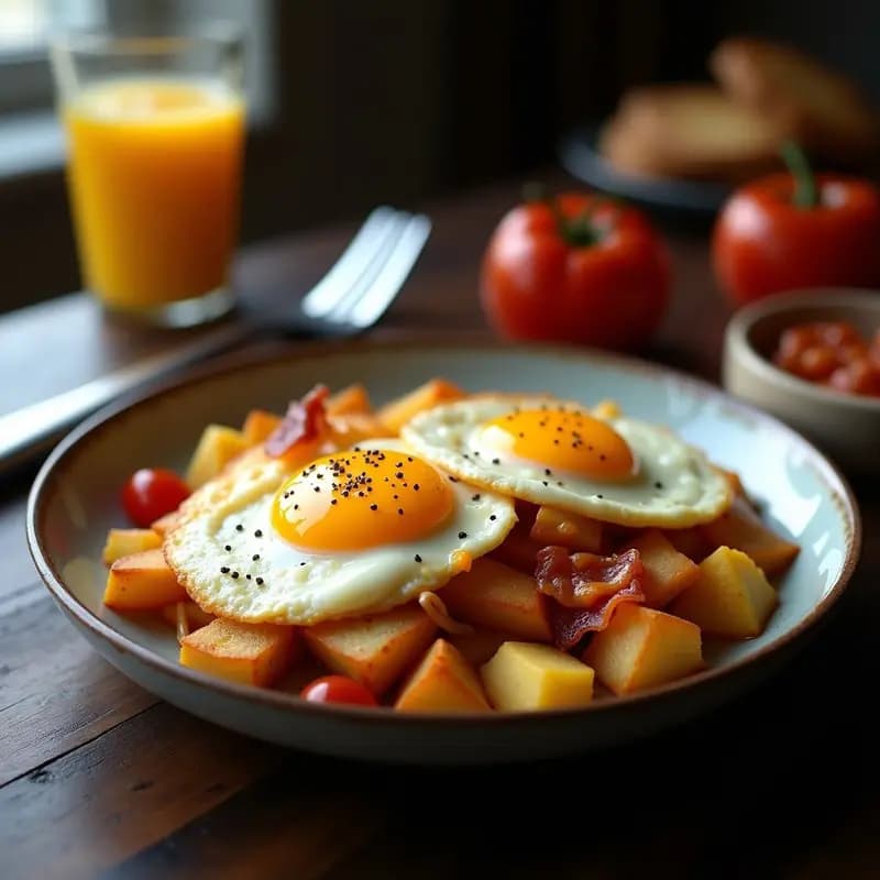 Plato hondo de barro con huevos fritos sobre patatas panaderas doradas, cubiertos de queso fundido estirándose y trozos de panceta crujiente. Desayuno hipercalórico y tentador.