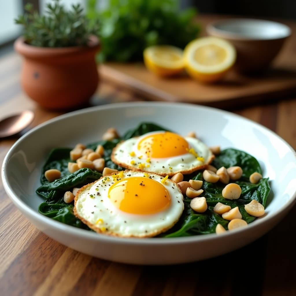 Plato de huevos al horno con espinacas frescas y queso de oveja desmenuzado, gratinados al punto, con nueces de macadamia tostadas y ralladura de limón. Receta griega keto para desayuno alto en proteína.