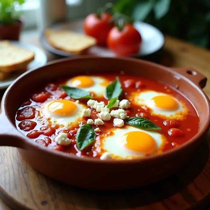 Fuente de barro horneada con huevos camperos en salsa de tomate casera espesa, cubiertos de queso feta desmenuzado dorado y hojas de albahaca fresca. Plato típico griego para desayuno, servido con pan tostado al lado.