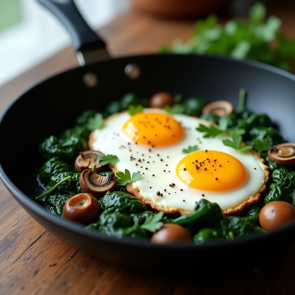 Sartén antiadherente con dos huevos al nido sobre una base de espinacas baby y champiñones shiitake salteados, espolvoreados con perejil fresco y pimienta negra. Receta keto de huevos al nido con espinacas y champiñones.
