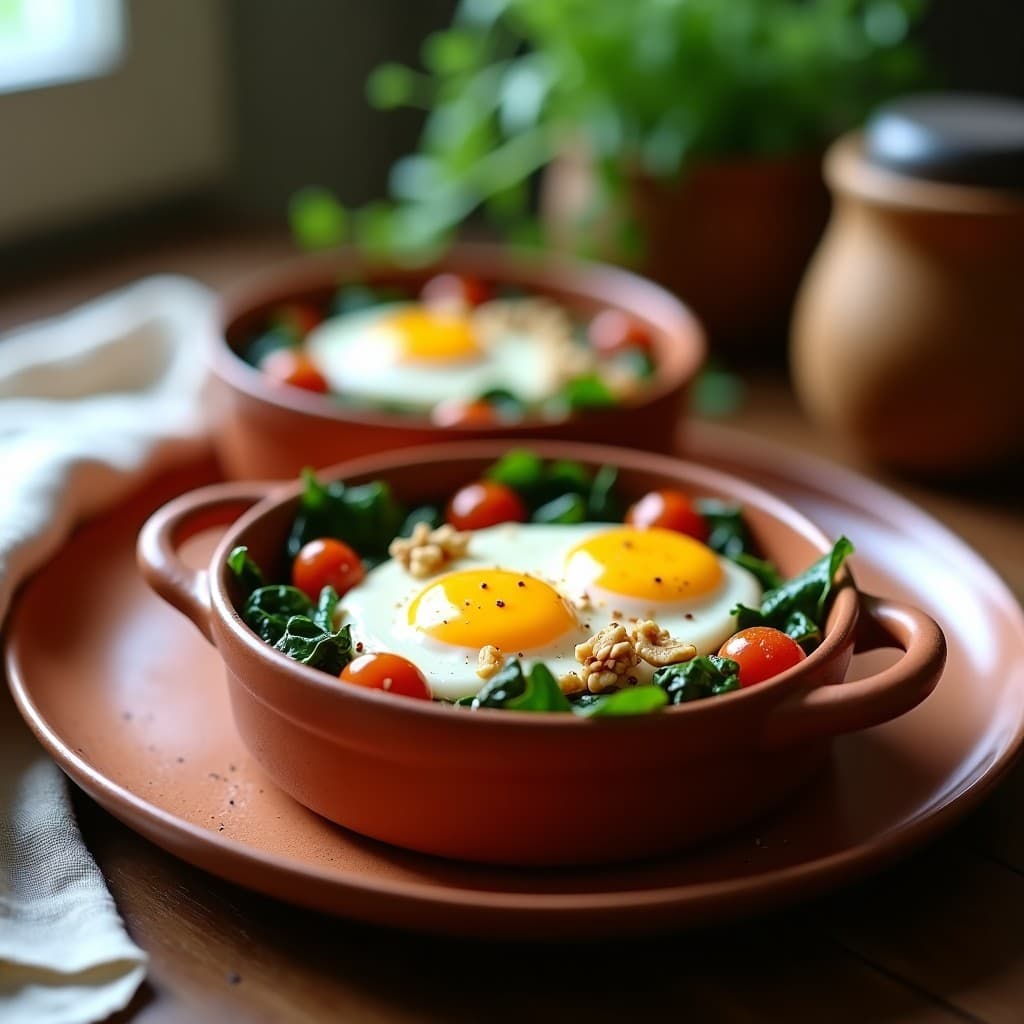 Dos moldes de barro individuales con Huevos al Nido con Espinacas y Queso de Cabra, yemas líquidas, espinacas verdes salteadas, tomates cherry asados y queso de cabra gratinado, decorados con nueces picadas sobre una mesa de madera rústica.