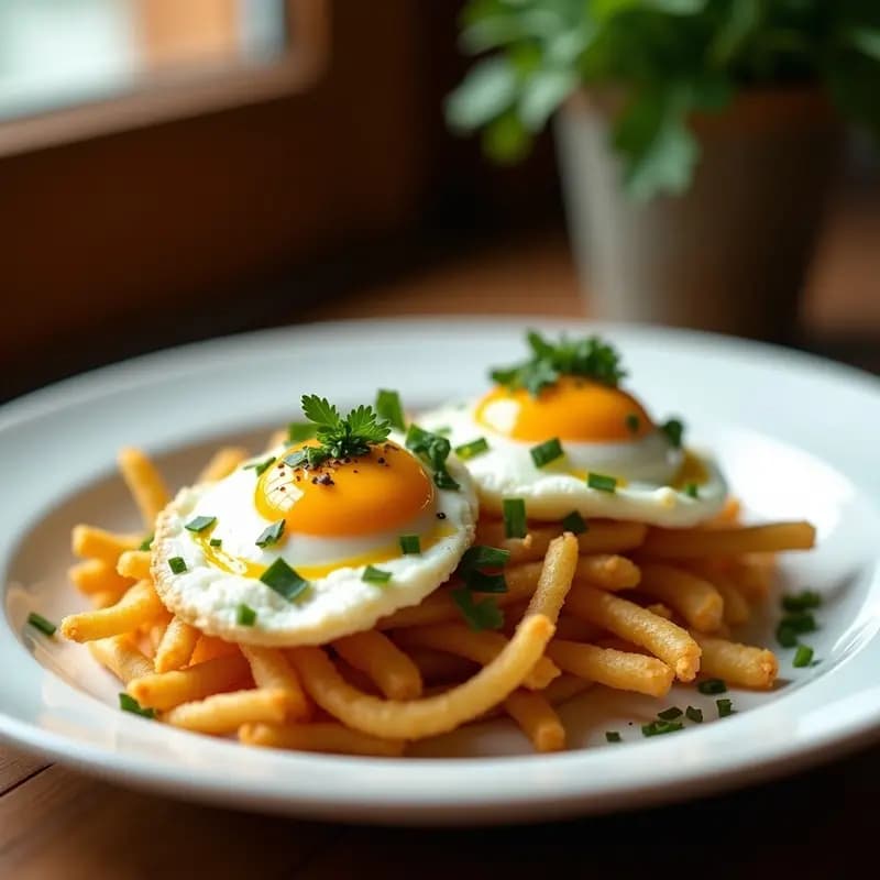 Plato blanco con dos huevos al nido dorados sobre una base de patatas paja crujientes, rociados con aceite de trufa negra y perejil fresco. Receta francesa gourmet en 15 minutos.