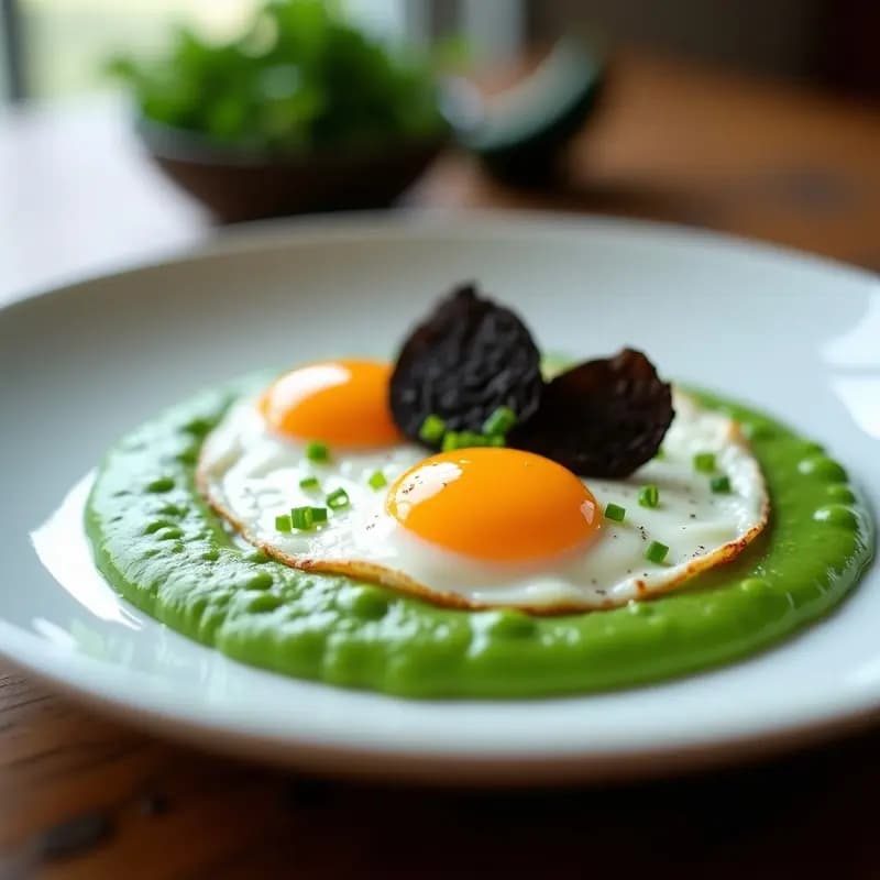 Plato blanco elegante con dos huevos al nido sobre un puré verde vibrante de guisantes, decorado con láminas oscuras de trufa negra y cebollino picado. Receta francesa keto de desayuno gourmet.