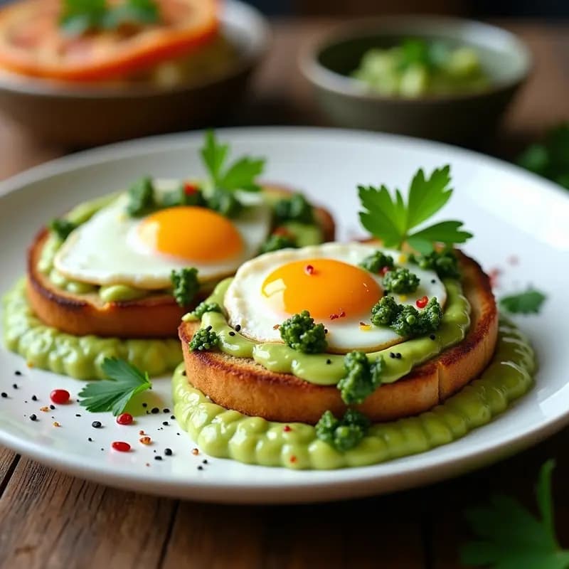 Plato blanco con huevos al nido dorados sobre rebanadas de pan integral, acompañados de un puré cremoso de aguacate verde y salsa de chimichurri fresca y vibrante. Presentación impecable para redes sociales, con decoración de perejil y copos de chile.
