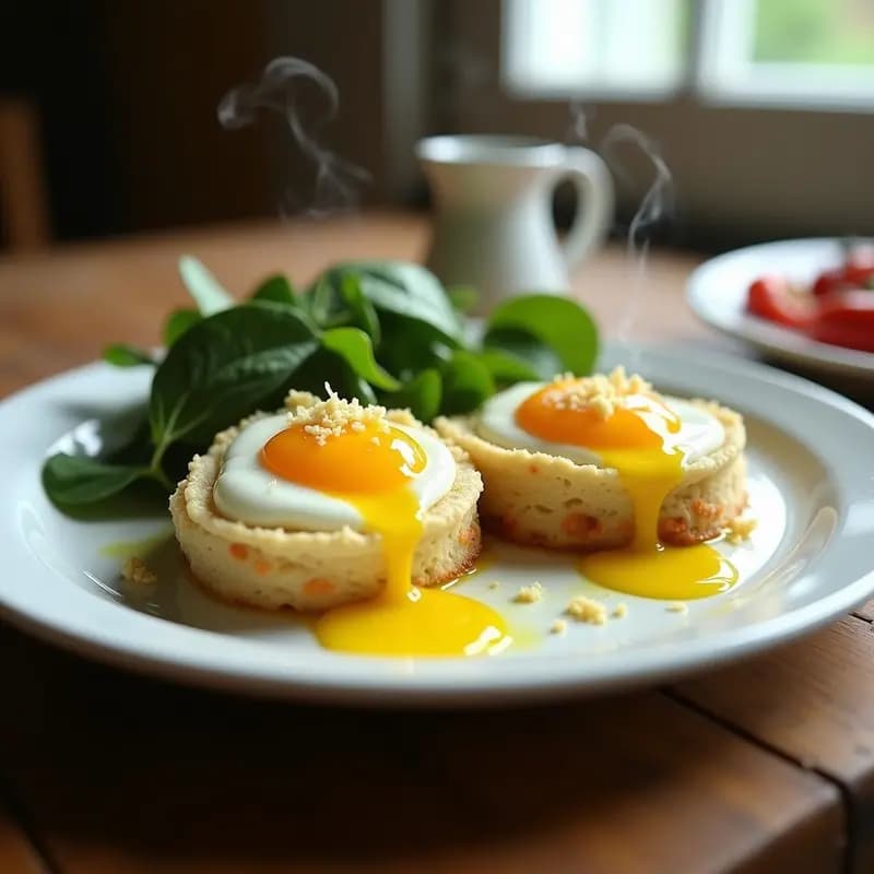 Plato blanco con dos huevos en nube de espinacas y parmesano, yema líquida brillante en el centro, textura esponjosa dorada y espolvoreados de queso rallado, servidos sobre una base de espinacas frescas con un hilo de aceite de oliva, receta de desayuno proteico en airfryer.