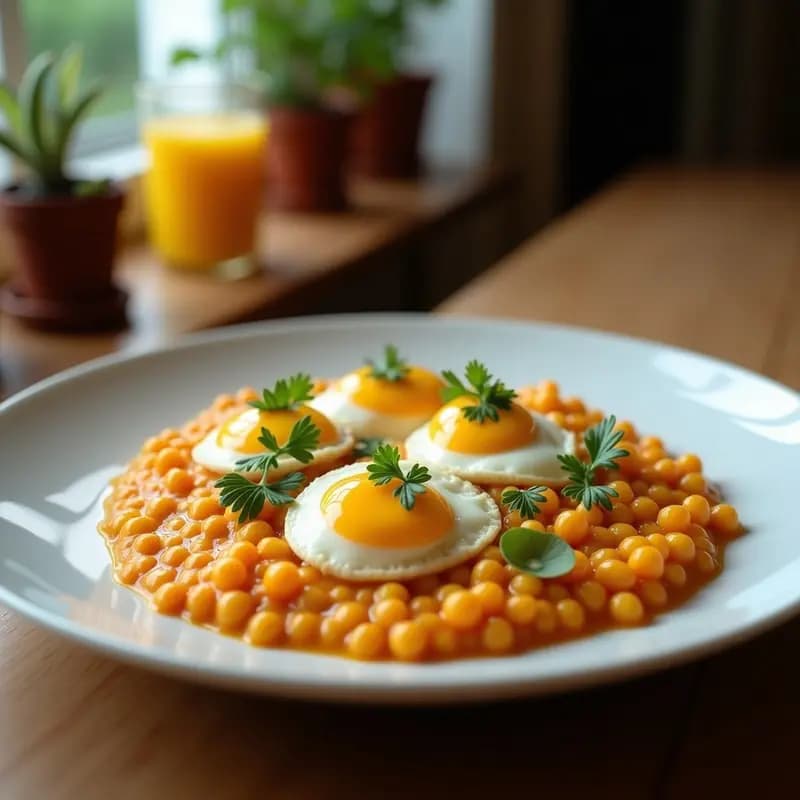 Plato blanco con dos huevos en nube veganos de espuma de garbanzos dorados, rellenos de crema de garbanzos amarilla, sobre una base de espinacas frescas y tomates cherry salteados. Espolvoreados con semillas de sésamo y un hilo de aceite de oliva. Receta de desayuno esponjoso y vegano, estilo TikTok.
