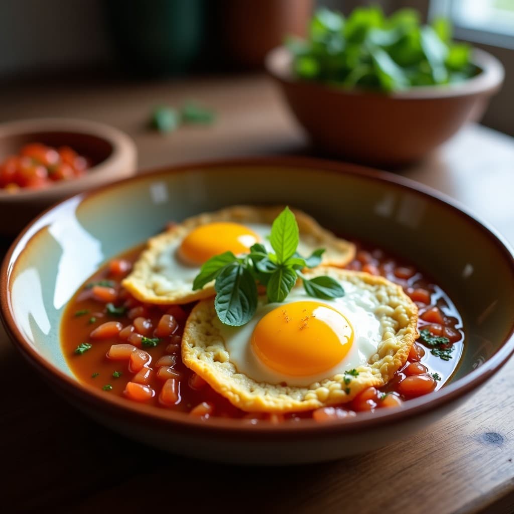 Plato blanco con huevos al plum bañados en una salsa espesa de tomate verde y chipotle, decorados con semillas de sésamo y hojas de epazote. Receta mexicana keto en Thermomix.