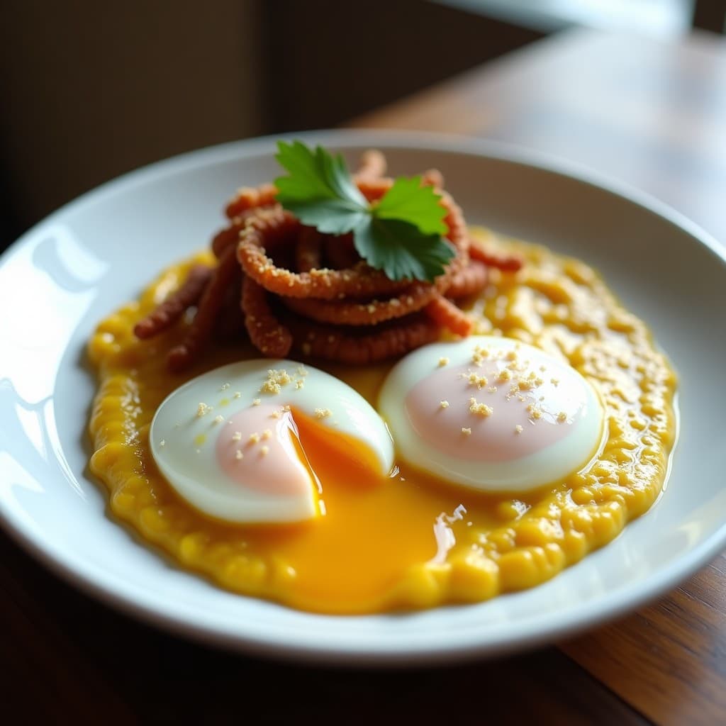 Plato blanco elegante con huevos poché de yema líquida sobre un puré cremoso de coliflor dorado con curry, coronado con cebolla morada frita crujiente y cilantro fresco. Desayuno keto gourmet con contraste de texturas.