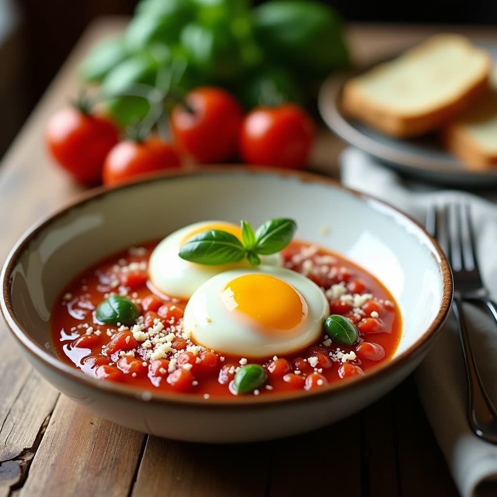 Plato hondo de cerámica blanca con huevos pochados sobre una salsa de tomate y albahaca de color rojo intenso, espolvoreados con queso parmesano rallado y hojas de albahaca fresca. Fondo con detalles rústicos y luz natural que resalta los colores vibrantes del desayuno keto italiano.
