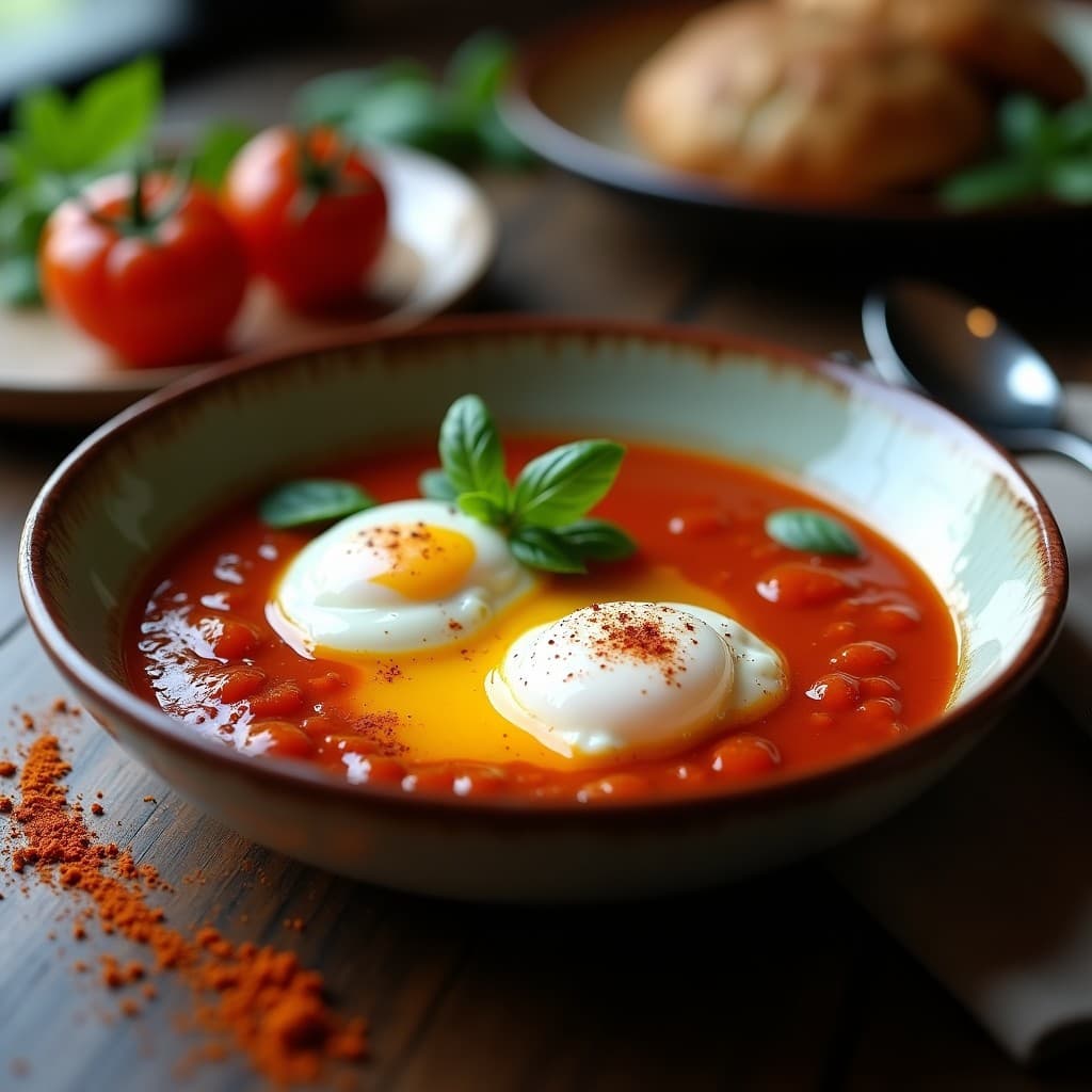 Plato hondo de cerámica blanca con huevos pochados sobre una salsa espesa de tomate y pimentón ahumado, espolvoreados con perejil fresco. Fondo rústico con servilleta de lino y cuchara de madera. Receta española keto en 10 minutos.