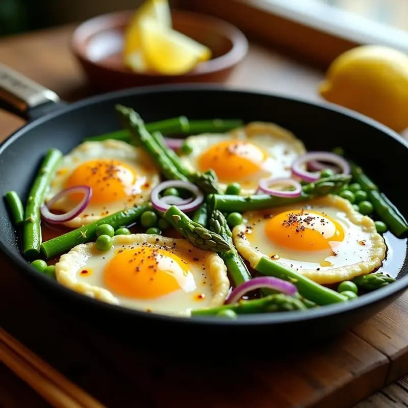 Plato blanco con huevos primavera revueltos con espárragos verdes y guisantes, bañados en una salsa dorada de limón y soja, decorados con cebollino fresco. Receta china baja en calorías en sartén.