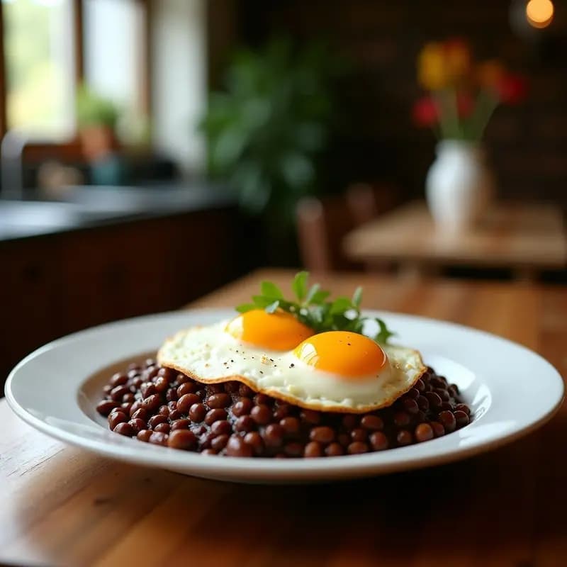 Plato de huevos rancheros con base de puré de frijoles negros y chía, cubiertos con salsa de tomate asado y chipotle, huevos fritos con yema líquida, aguacate en cubos, queso fresco desmenuzado y cilantro fresco. Receta mexicana alta en proteína y sin harina.