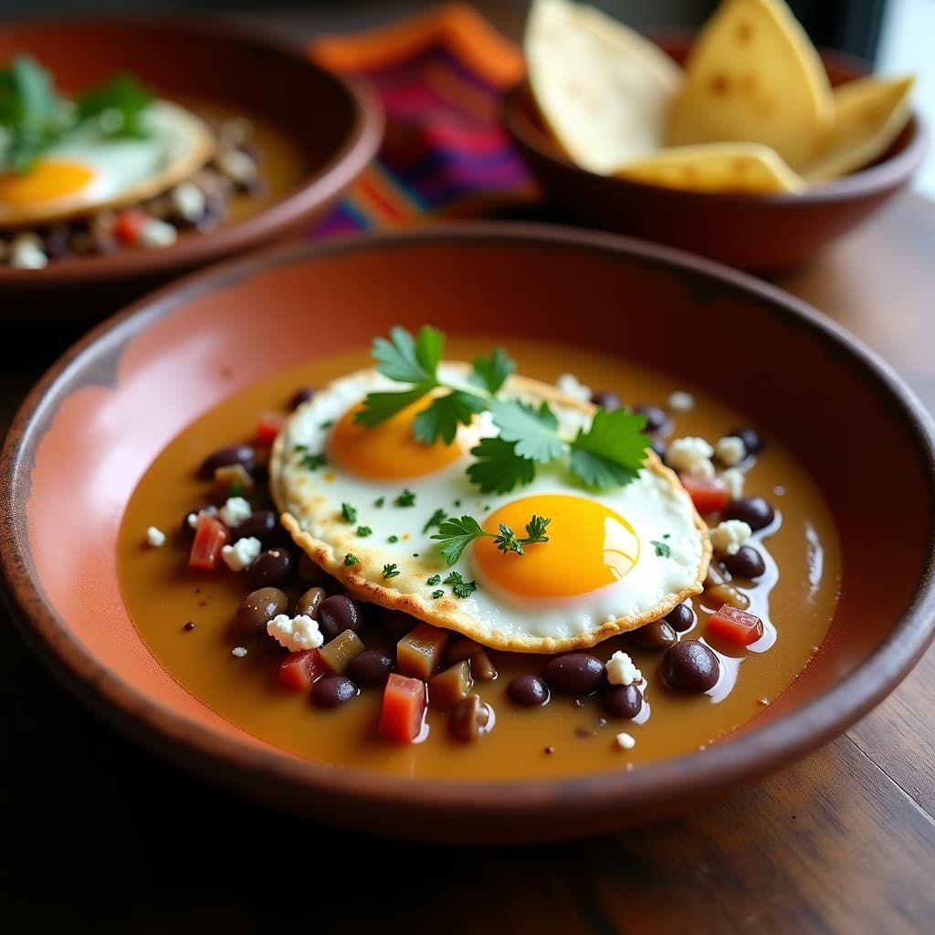 Plato hondo de barro con Huevos Rancheros cubiertos de salsa cremosa de cacahuete y chile chipotle, frijoles negros, huevo pochado y queso fresco desmenuzado, acompañado de tortillas de maíz. Desayuno mexicano alto en proteína en olla lenta.