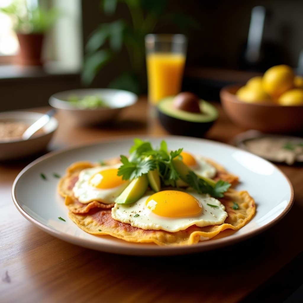 Plato de huevos rancheros keto con tortillas doradas de coliflor, huevos fritos con yema líquida, salsa de tomate casera, láminas de aguacate, queso fresco desmenuzado y cilantro fresco, servido sobre mesa rústica de madera.