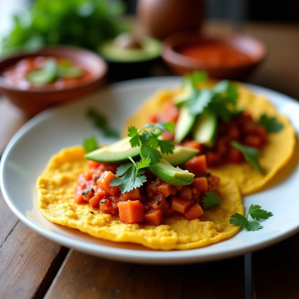 Plato de huevos rancheros veganos con tortillas doradas de lentejas rojas, tofu revuelto especiado, salsa ranchera de tomate y jalapeño, decorado con aguacate en cubos y cilantro fresco.