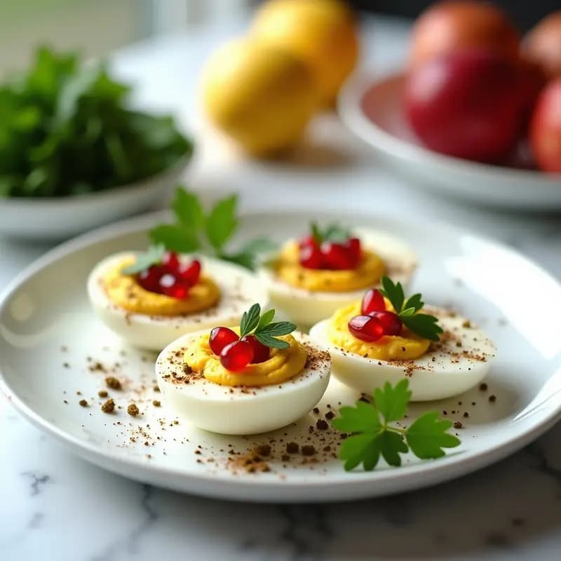 Plato blanco con huevos duros cortados por la mitad, rellenos de hummus cremoso y espolvoreados con za’atar, decorados con granada y perejil fresco. Desayuno árabe proteico y colorido.