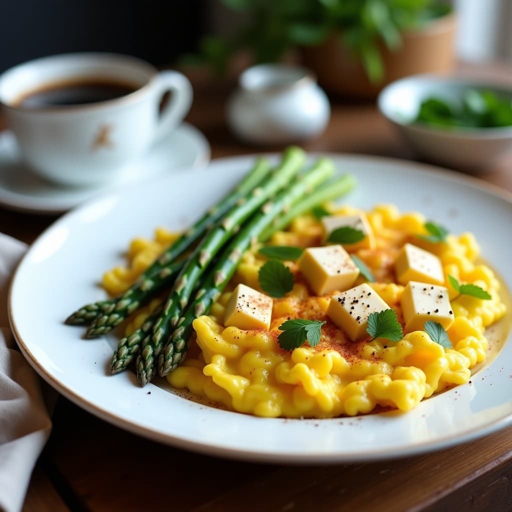 Plato blanco con huevos revueltos veganos de color amarillo dorado, espárragos verdes salteados y trozos de queso de castaña fundente. Desayuno vegano alto en proteína con decoración de puntas de espárrago y especias.