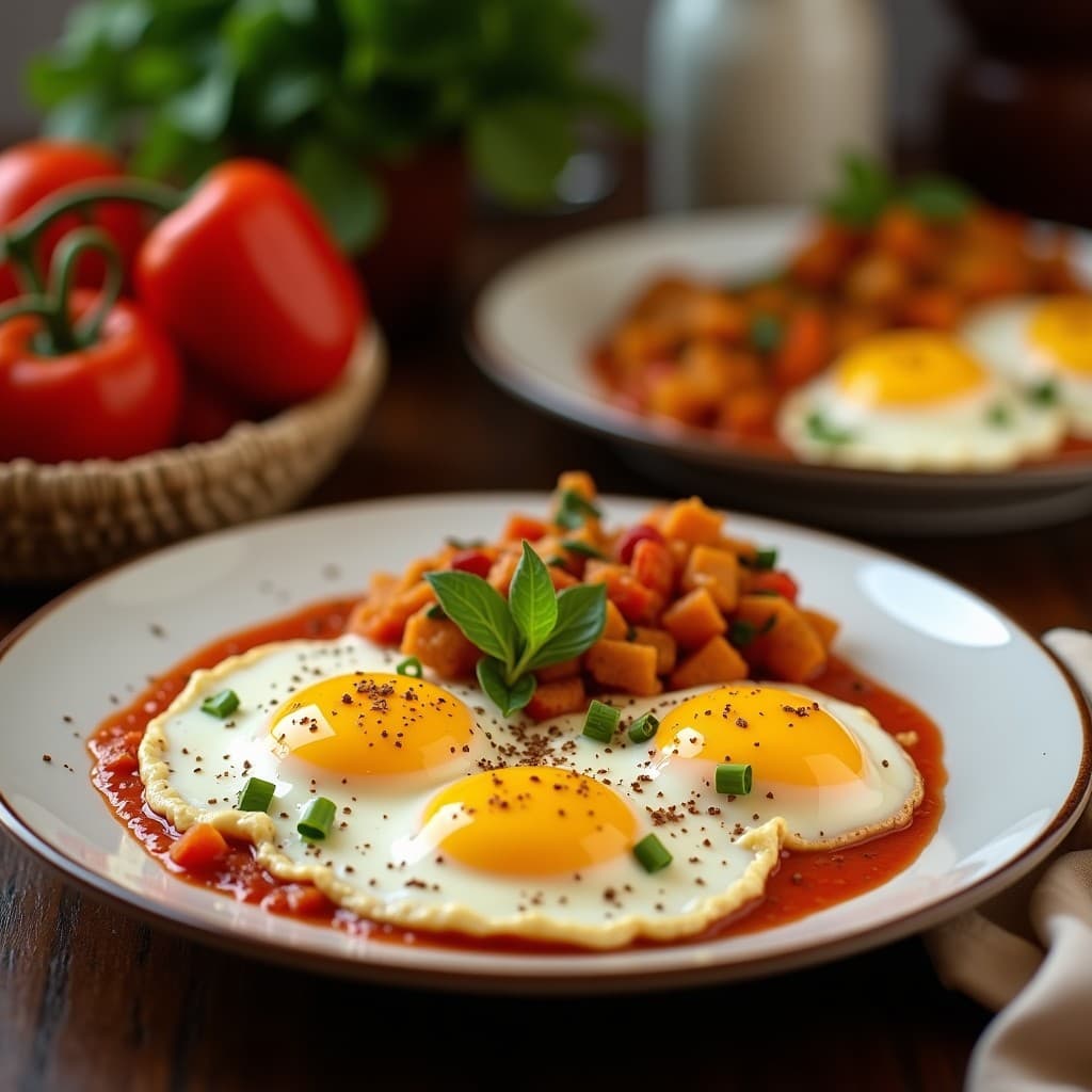 Plato hondo de barro con huevos revueltos cremosos, trozos dorados de morcilla de Burgos y rodajas de pimientos del Padrón salteados, decorados con perejil fresco. Desayuno español alto en proteína.